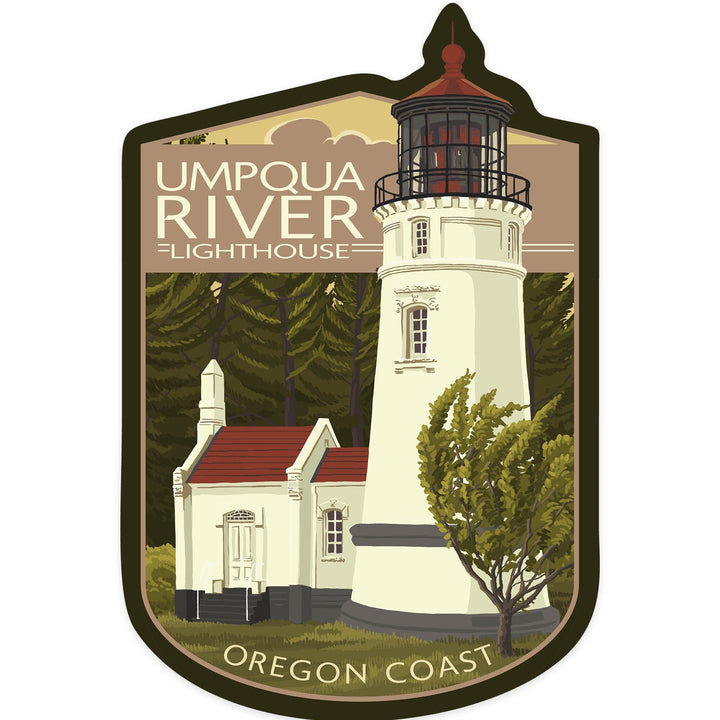 Umpqua River Lighthouse, Oregon, Oregon Coast, Evening Sky, Contour, Lantern Press Artwork, Vinyl Sticker Sticker Lantern Press 