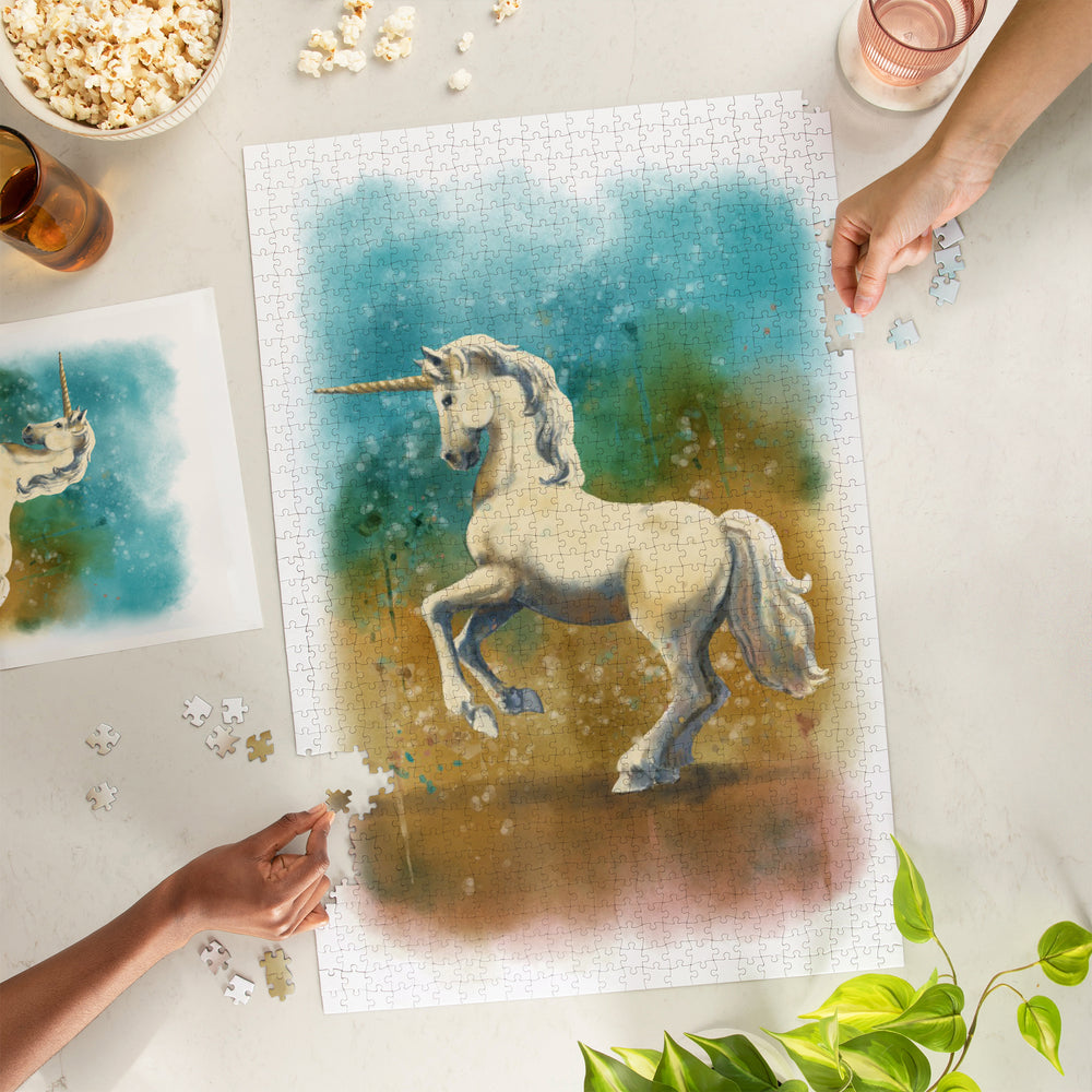 Unicorn, Watercolor, Jigsaw Puzzle Puzzle Lantern Press 