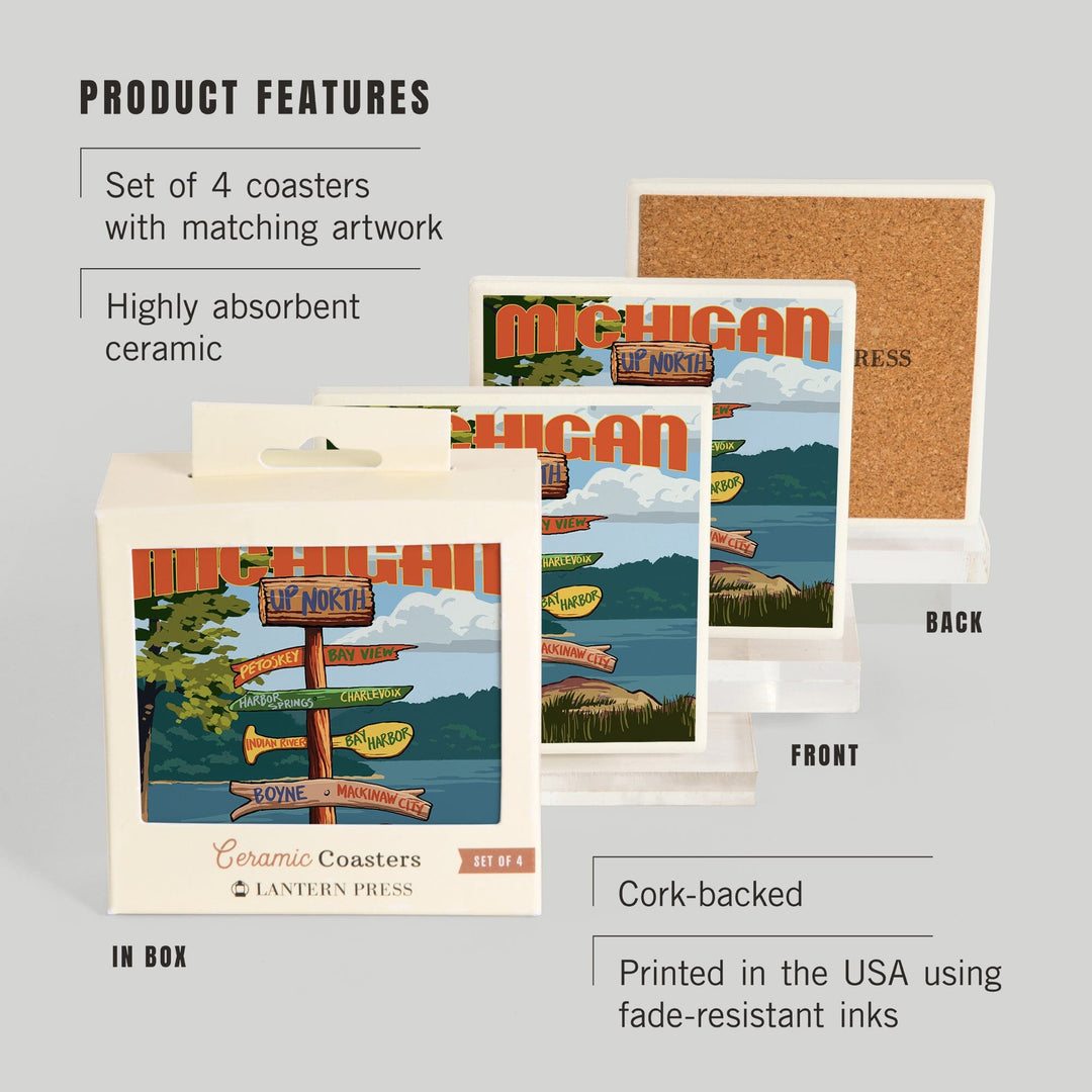 Up North, Michigan, Destinations Sign, Coasters Coasters Lantern Press 