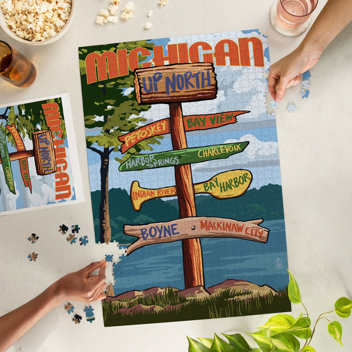 Up North, Michigan, Destinations Sign, Jigsaw Puzzle Puzzle Lantern Press 