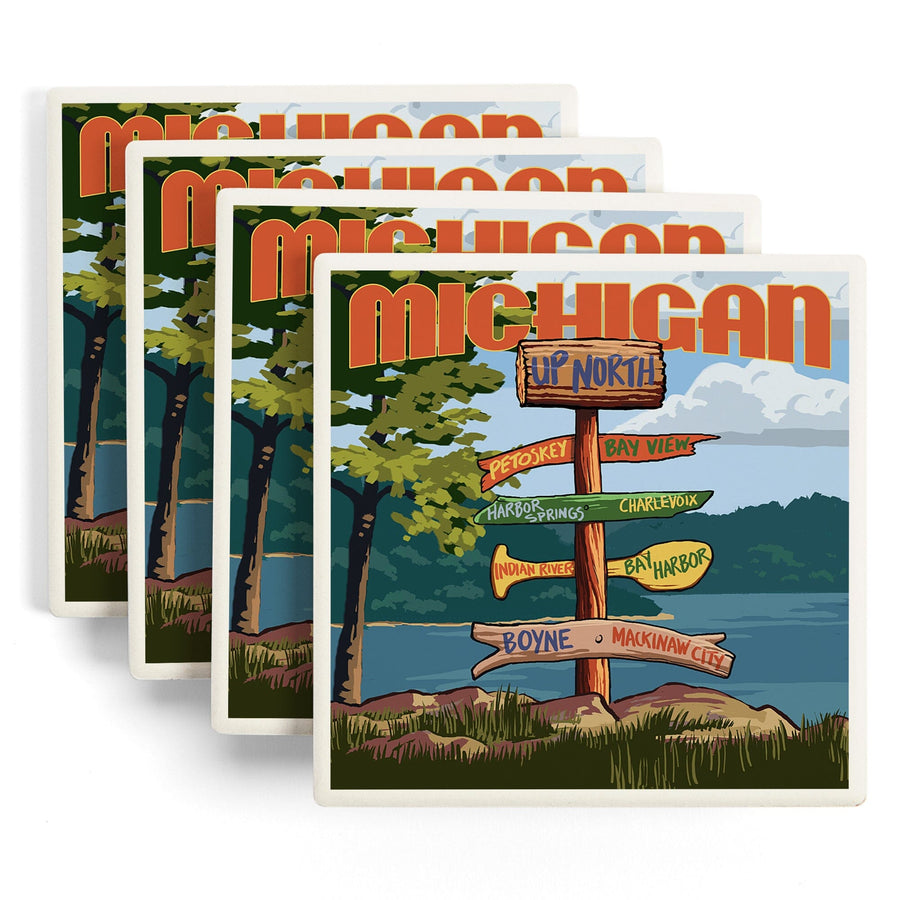 Up North, Michigan, Destinations Sign, Lantern Press Artwork, Coaster Set Coasters Lantern Press 