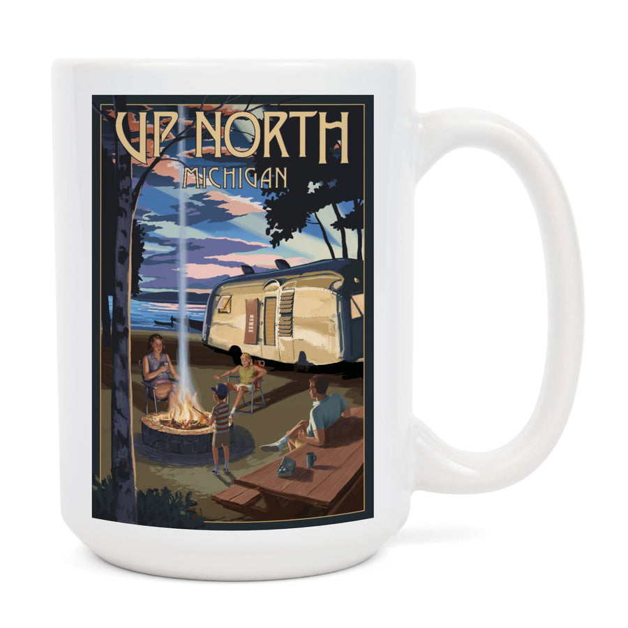 Up North, Michigan, Retro Camper and Lake, Ceramic Mug Mugs Lantern Press 