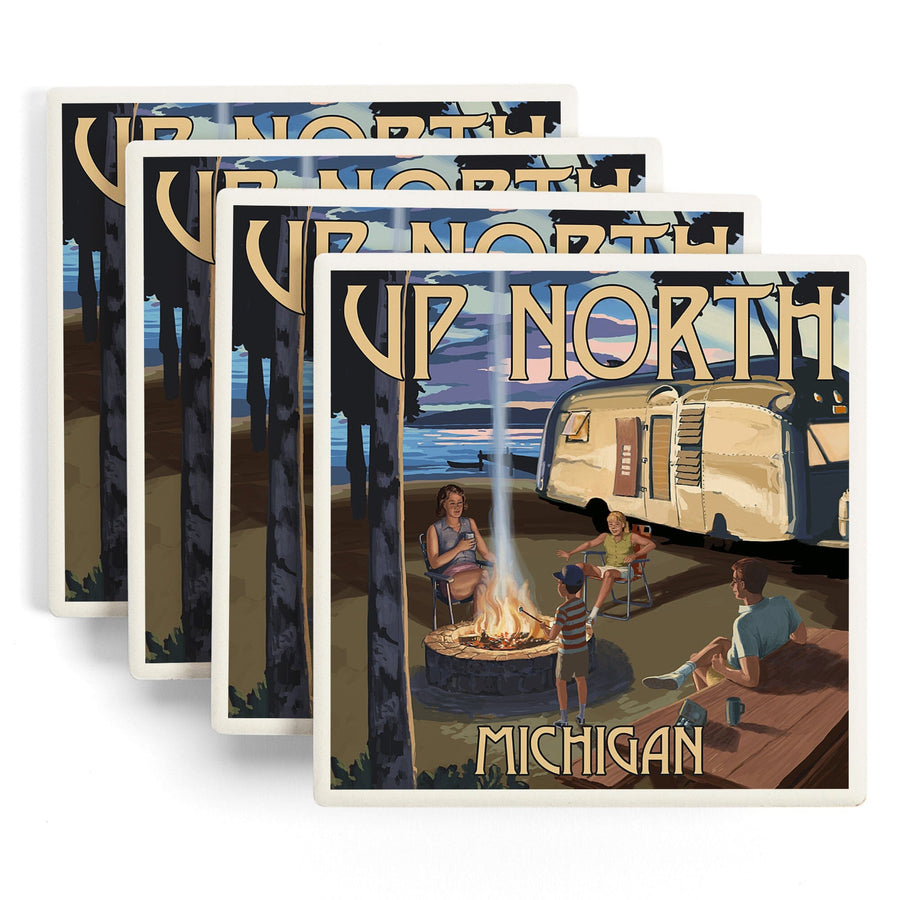 Up North, Michigan, Retro Camper & Lake, Lantern Press Artwork, Coaster Set Coasters Lantern Press 