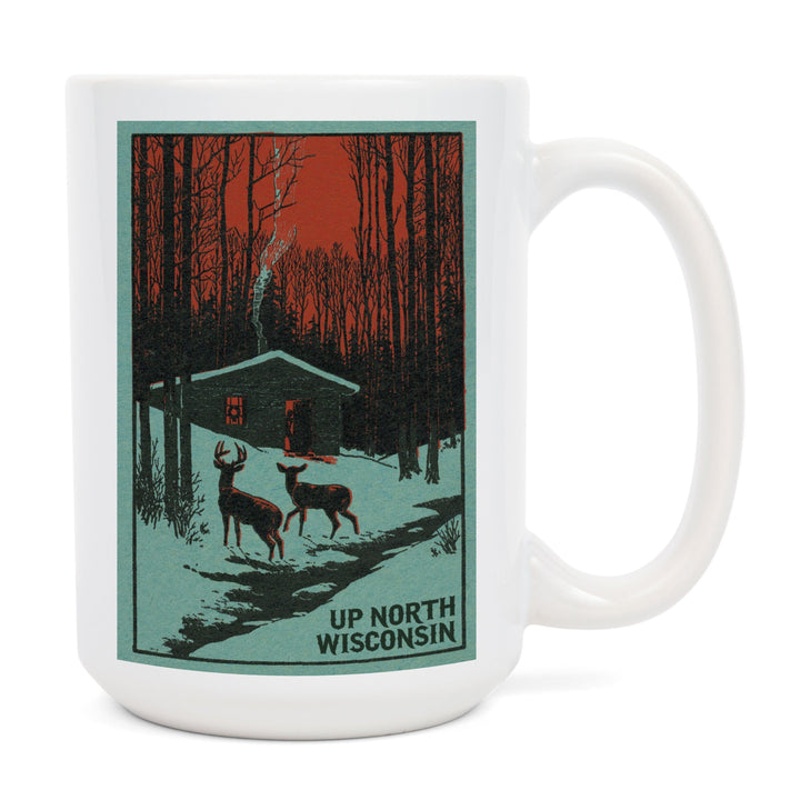 Up North, Wisconsin, Deer and Cabin in Winter, Woodblock, Ceramic Mug Mugs Lantern Press 