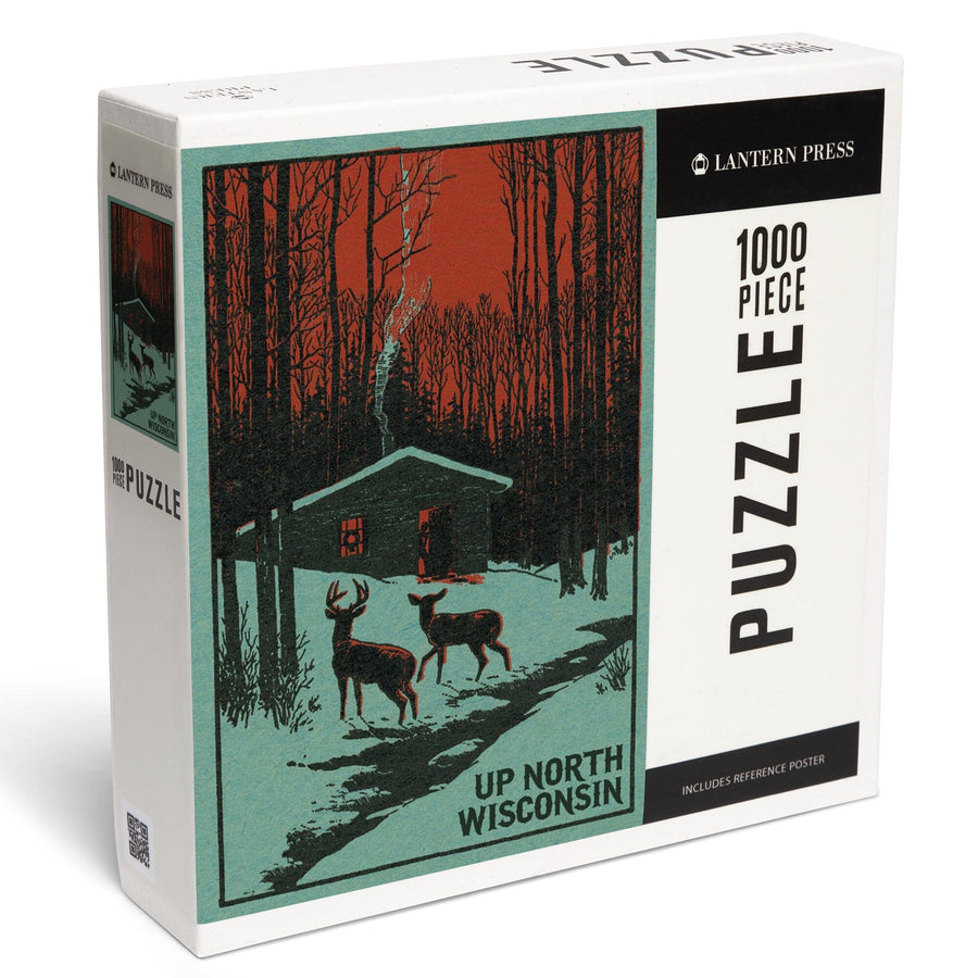 Up North, Wisconsin, Deer and Cabin in Winter, Woodblock, Jigsaw Puzzle Puzzle Lantern Press 