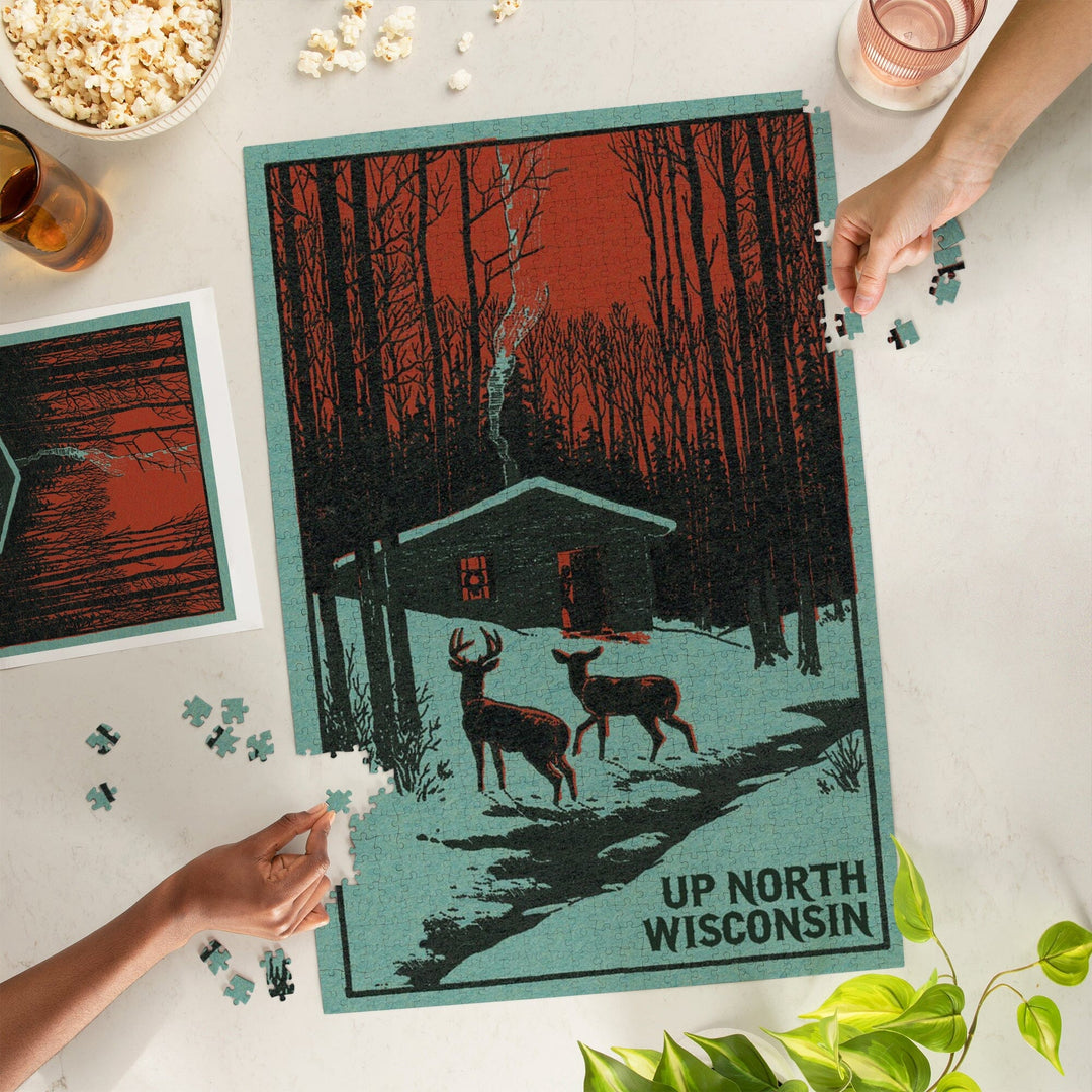 Up North, Wisconsin, Deer and Cabin in Winter, Woodblock, Jigsaw Puzzle Puzzle Lantern Press 