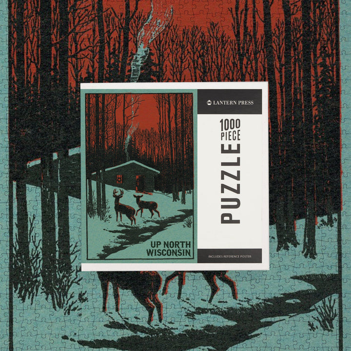Up North, Wisconsin, Deer and Cabin in Winter, Woodblock, Jigsaw Puzzle Puzzle Lantern Press 