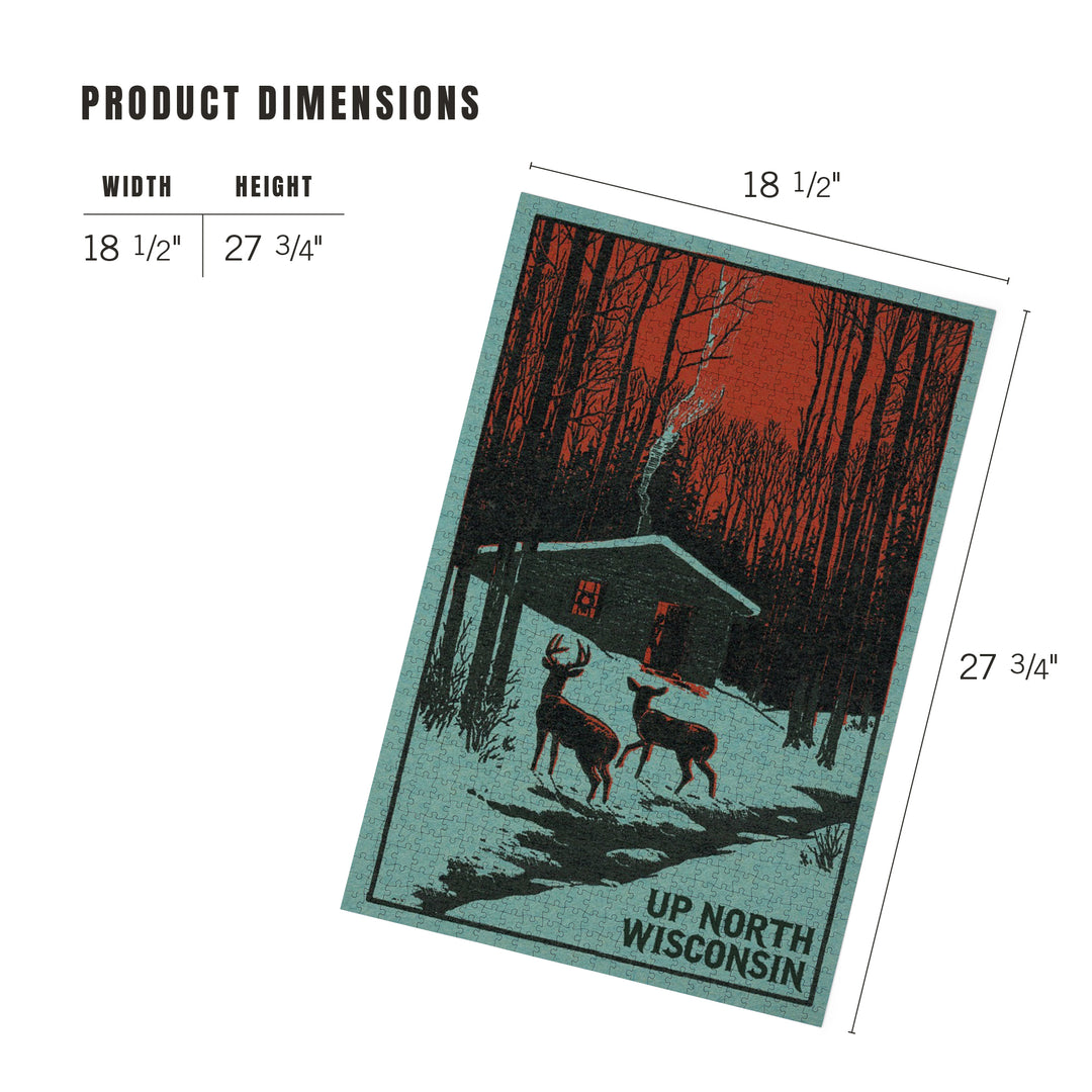 Up North, Wisconsin, Deer and Cabin in Winter, Woodblock, Jigsaw Puzzle Puzzle Lantern Press 