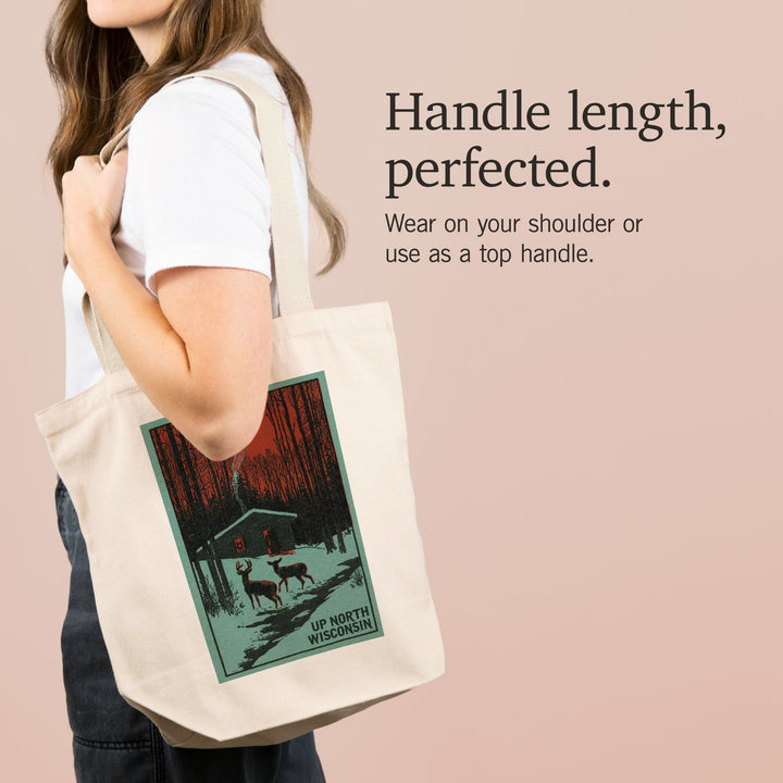 Up North, Wisconsin, Deer and Cabin in Winter, Woodblock, Tote Bag Totes Lantern Press 