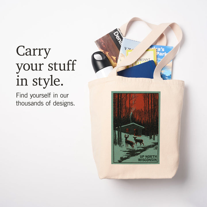 Up North, Wisconsin, Deer and Cabin in Winter, Woodblock, Tote Bag Totes Lantern Press 