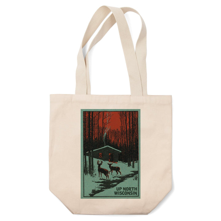 Up North, Wisconsin, Deer and Cabin in Winter, Woodblock, Tote Bag Totes Lantern Press 