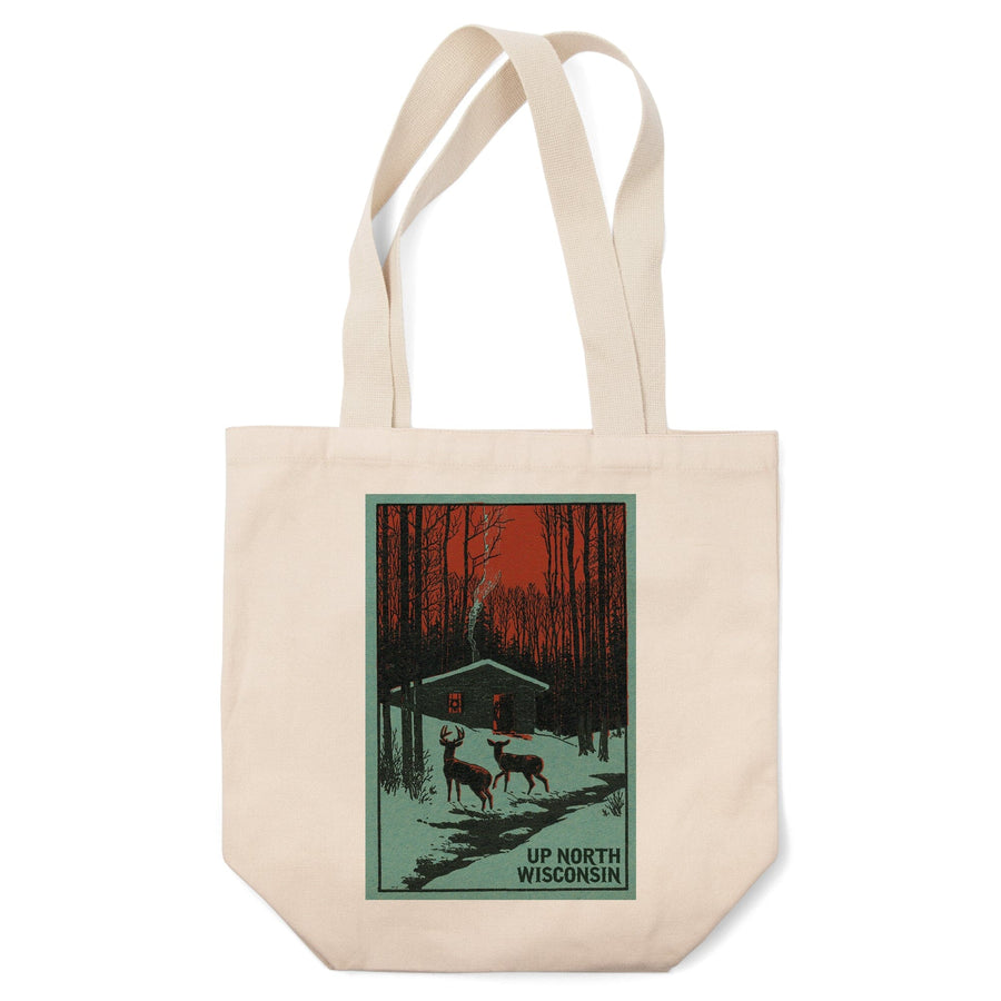 Up North, Wisconsin, Deer and Cabin in Winter, Woodblock, Tote Bag Totes Lantern Press 