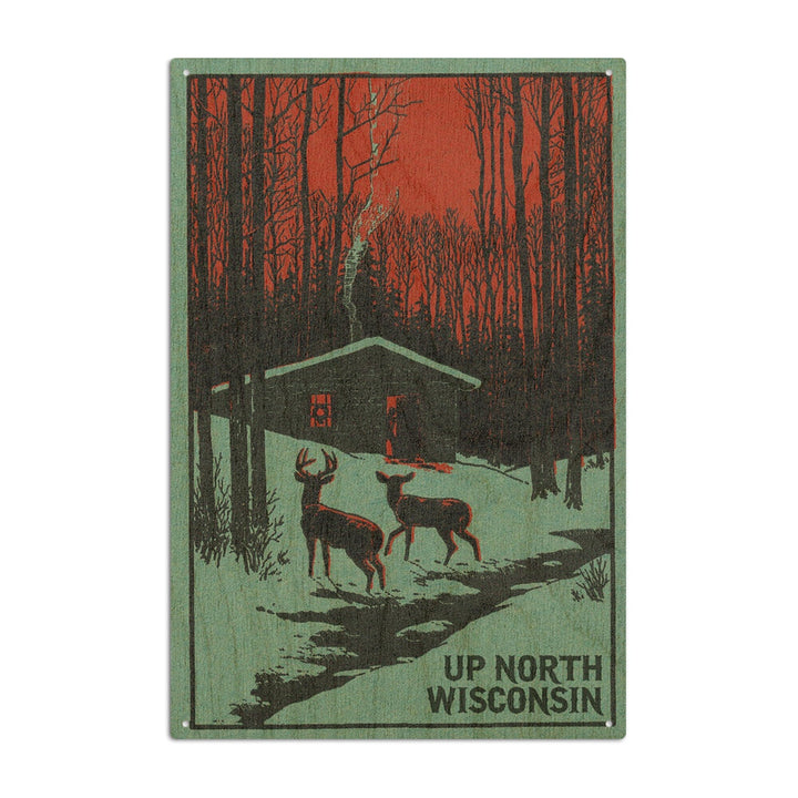 Up North, Wisconsin, Deer & Cabin in Winter, Woodblock, Lantern Press Artwork, Wood Signs and Postcards Wood Lantern Press 10 x 15 Wood Sign 