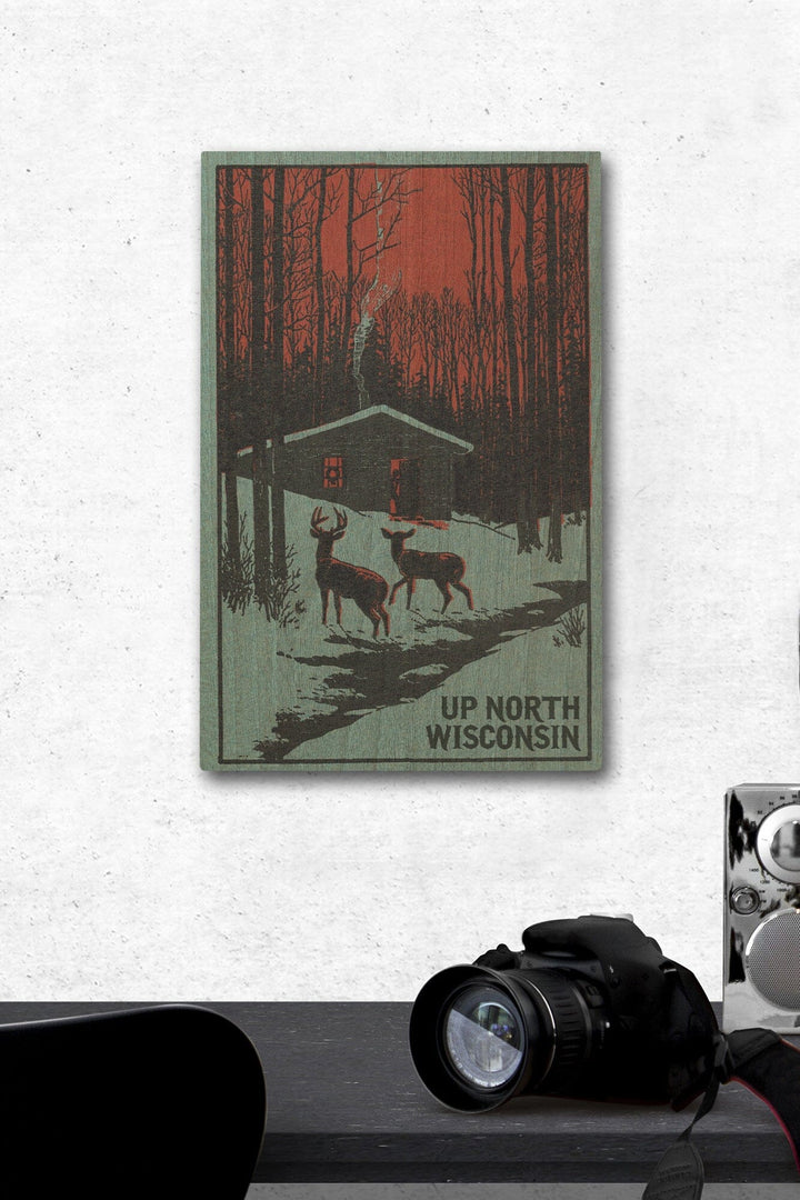 Up North, Wisconsin, Deer & Cabin in Winter, Woodblock, Lantern Press Artwork, Wood Signs and Postcards Wood Lantern Press 12 x 18 Wood Gallery Print 