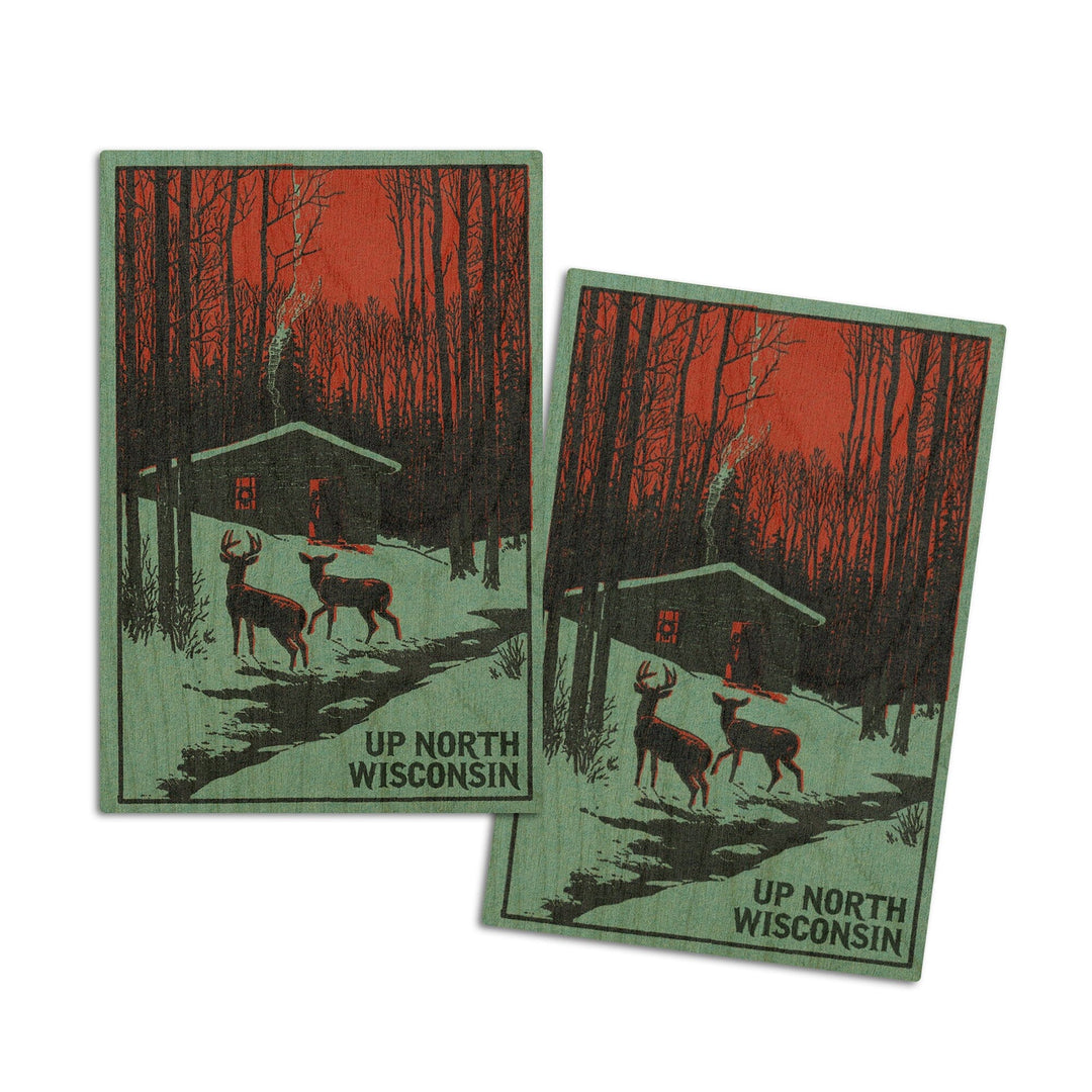 Up North, Wisconsin, Deer & Cabin in Winter, Woodblock, Lantern Press Artwork, Wood Signs and Postcards Wood Lantern Press 4x6 Wood Postcard Set 