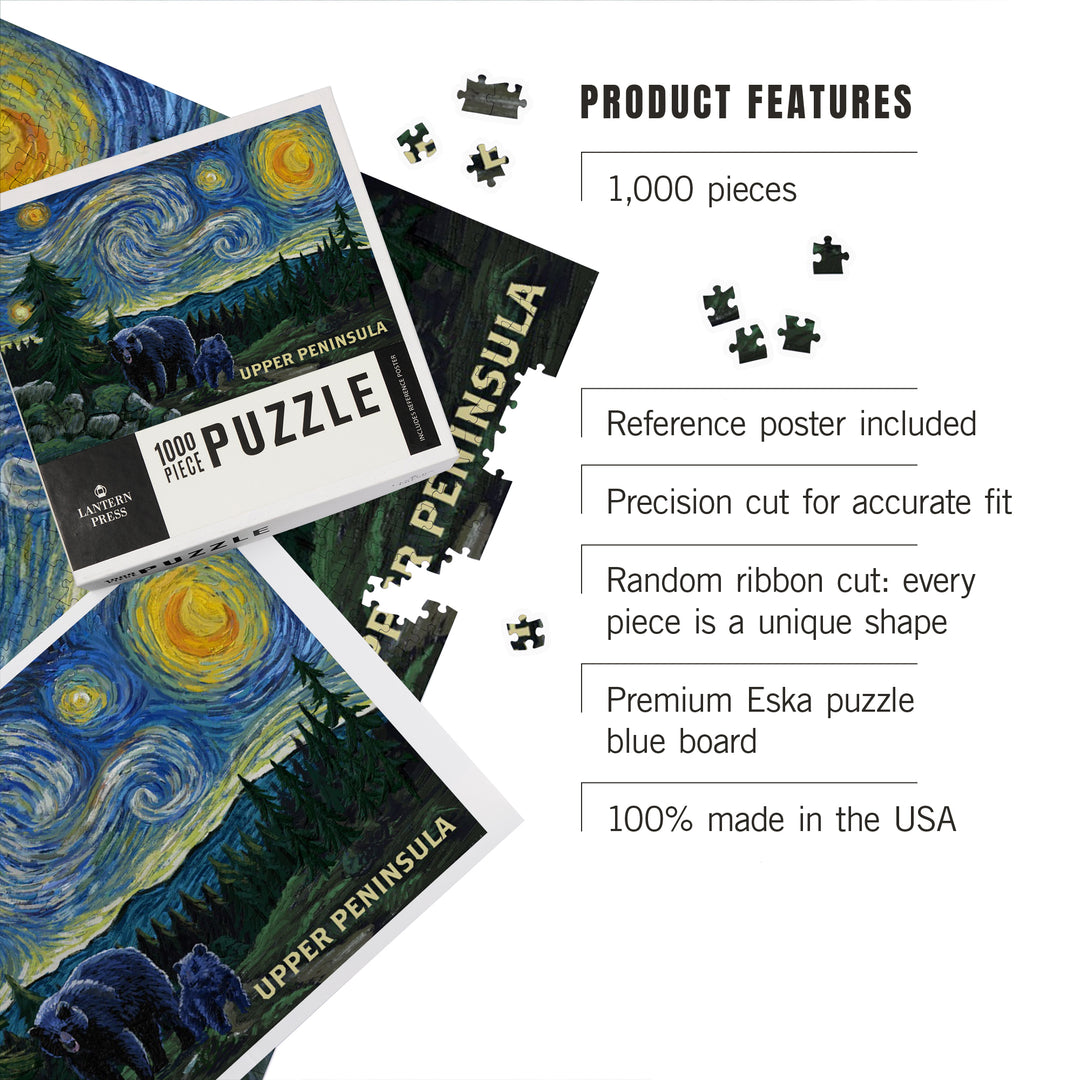 Upper Peninsula, Michigan, Starry Night, Bear and Cub, Jigsaw Puzzle Puzzle Lantern Press 