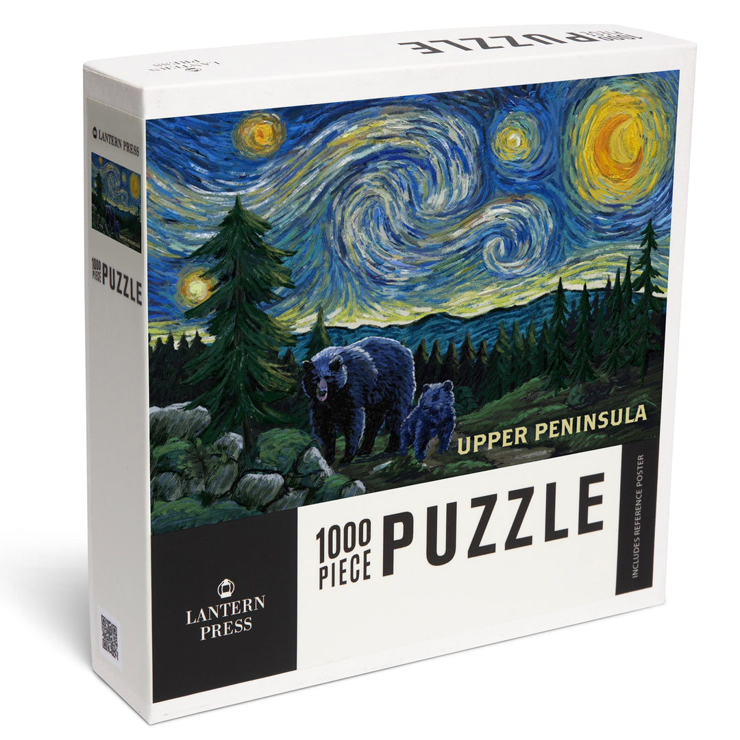 Upper Peninsula, Michigan, Starry Night, Bear and Cub, Jigsaw Puzzle Puzzle Lantern Press 