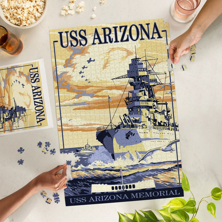USS Arizona Battleship, Sunset Scene, Jigsaw Puzzle Puzzle Lantern Press 