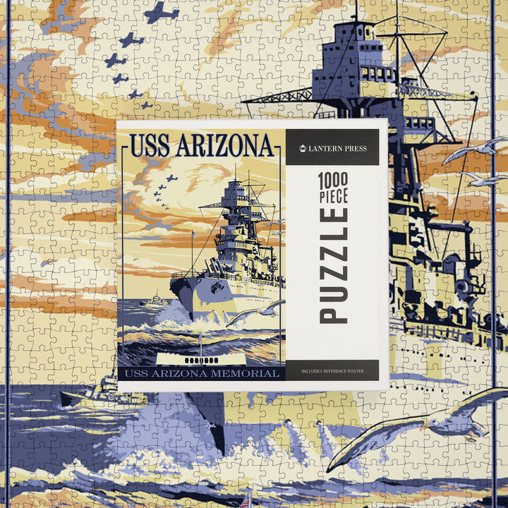 USS Arizona Battleship, Sunset Scene, Jigsaw Puzzle Puzzle Lantern Press 