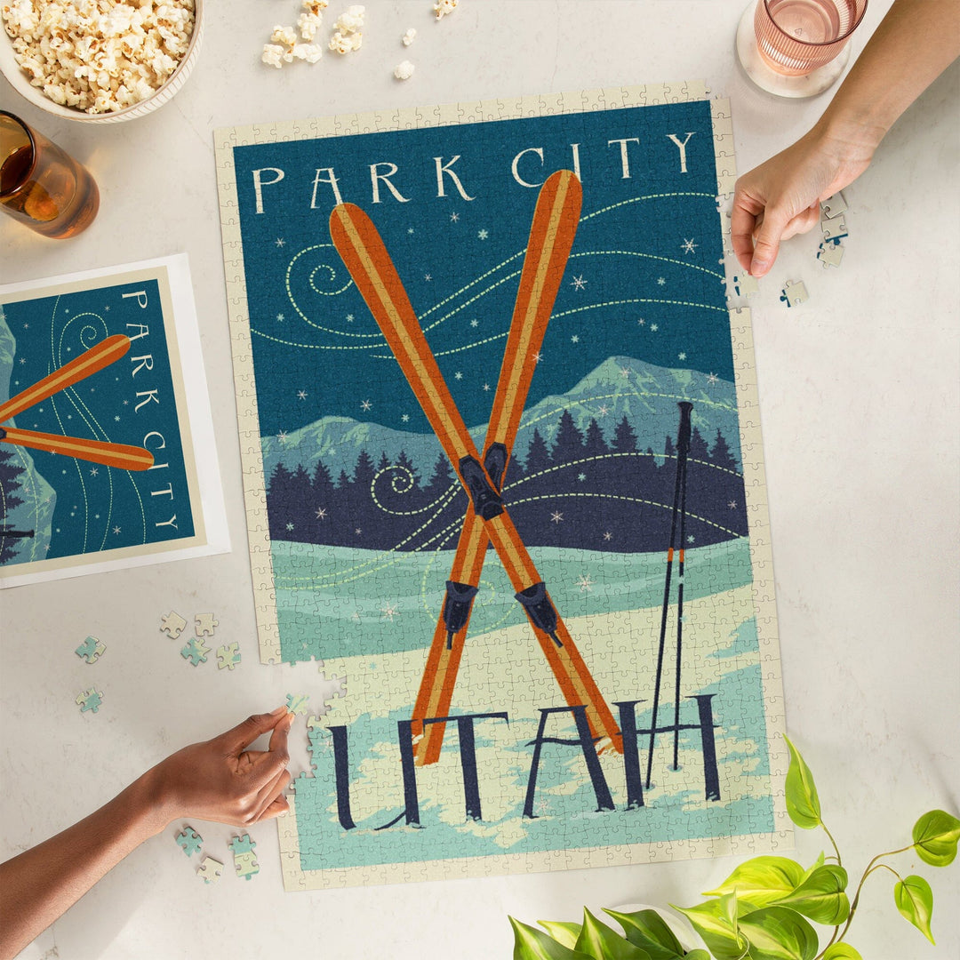 Utah, Crossed Skis, Letterpress, Jigsaw Puzzle Puzzle Lantern Press 