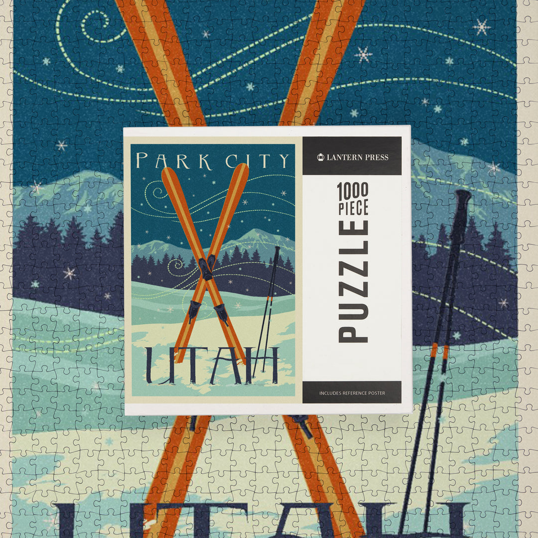 Utah, Crossed Skis, Letterpress, Jigsaw Puzzle Puzzle Lantern Press 