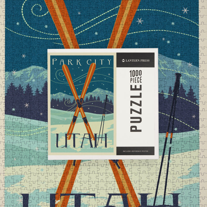 Utah, Crossed Skis, Letterpress, Jigsaw Puzzle Puzzle Lantern Press 
