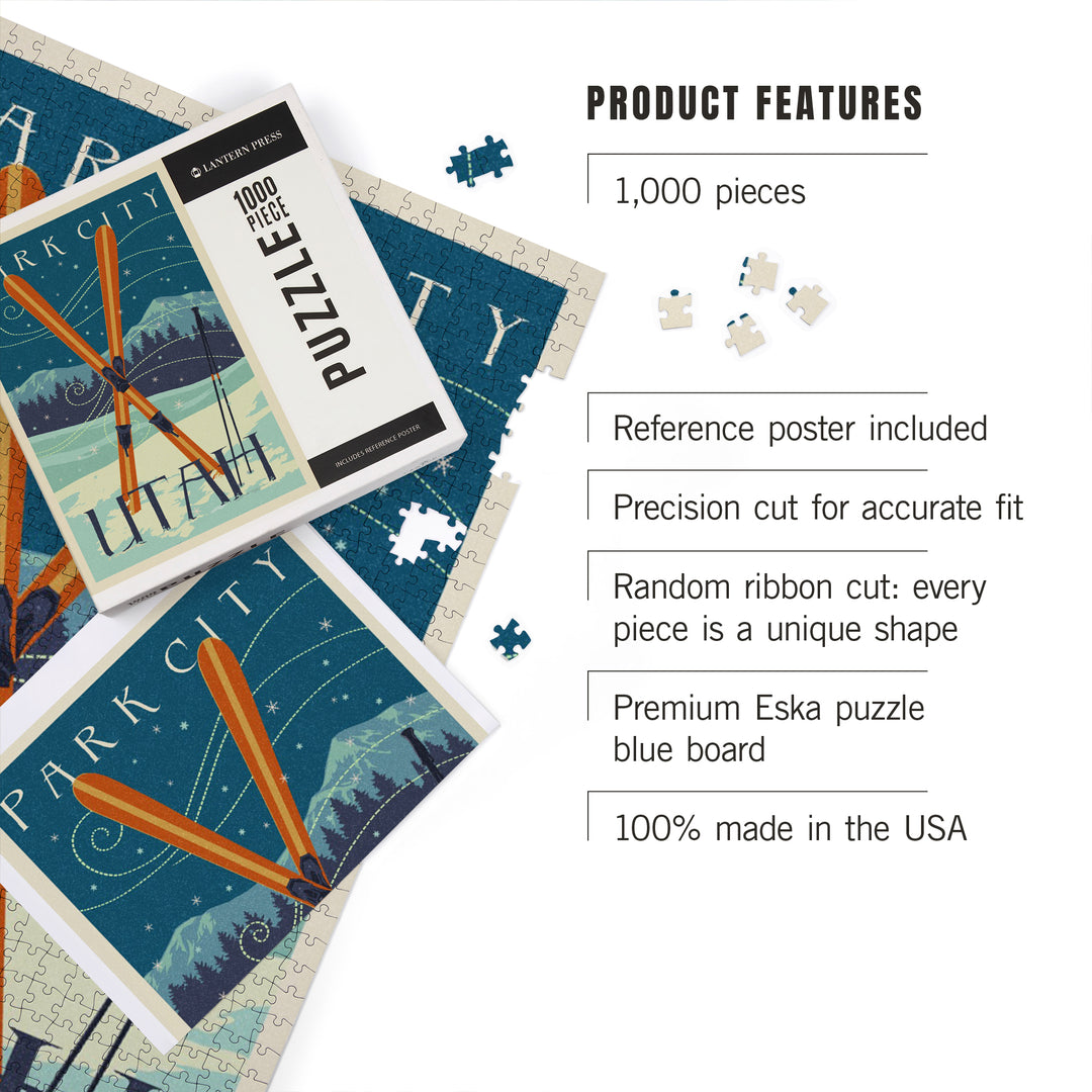 Utah, Crossed Skis, Letterpress, Jigsaw Puzzle Puzzle Lantern Press 