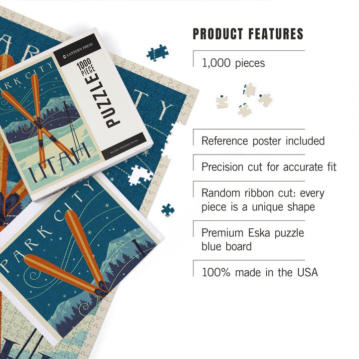 Utah, Crossed Skis, Letterpress, Jigsaw Puzzle Puzzle Lantern Press 