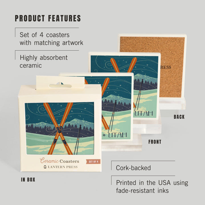 Utah, Crossed Skis, Letterpress, Lantern Press Artwork, Coaster Set Coasters Lantern Press 