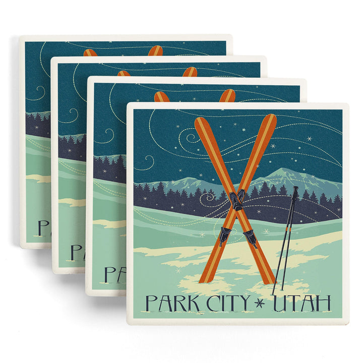 Utah, Crossed Skis, Letterpress, Lantern Press Artwork, Coaster Set Coasters Lantern Press 