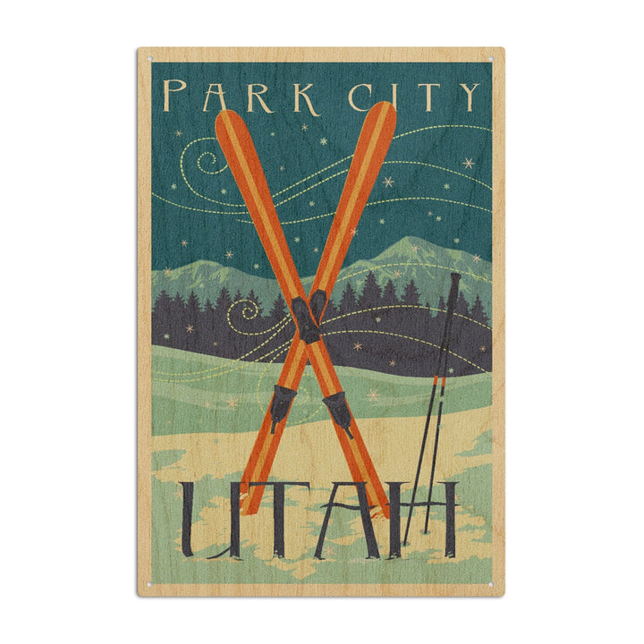 Utah, Crossed Skis, Letterpress, Lantern Press Artwork, Wood Signs and Postcards Wood Lantern Press 10 x 15 Wood Sign 