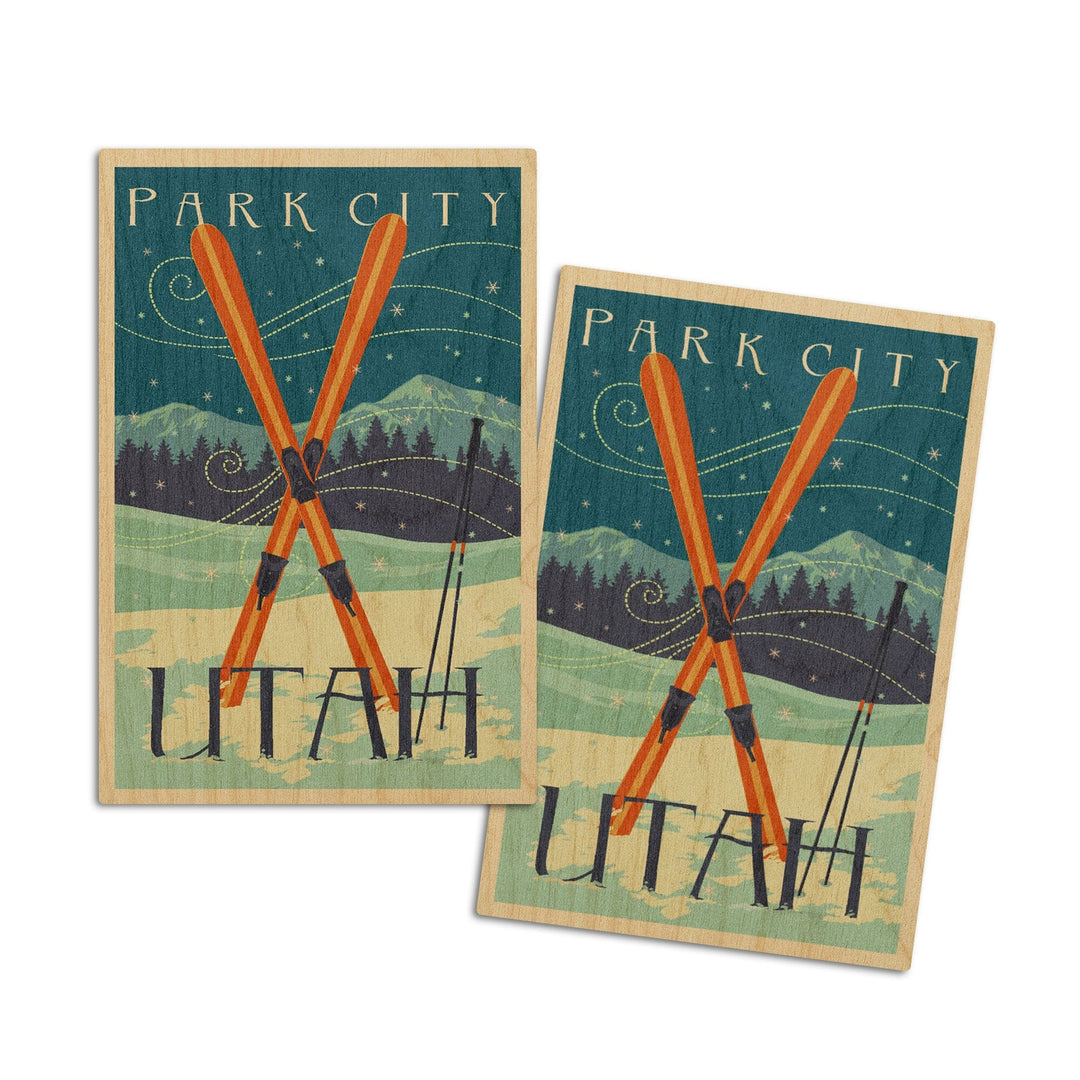Utah, Crossed Skis, Letterpress, Lantern Press Artwork, Wood Signs and Postcards Wood Lantern Press 4x6 Wood Postcard Set 