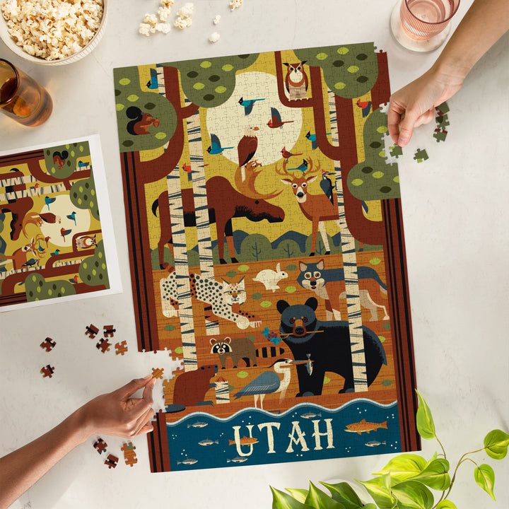 Utah, Forest Animals, Geometric, Jigsaw Puzzle Puzzle Lantern Press 