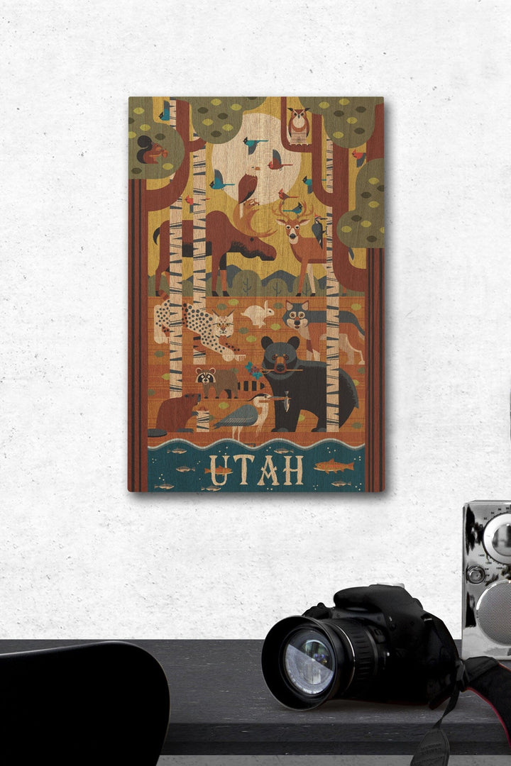 Utah, Forest Animals, Geometric, Lantern Press Artwork, Wood Signs and Postcards Wood Lantern Press 12 x 18 Wood Gallery Print 