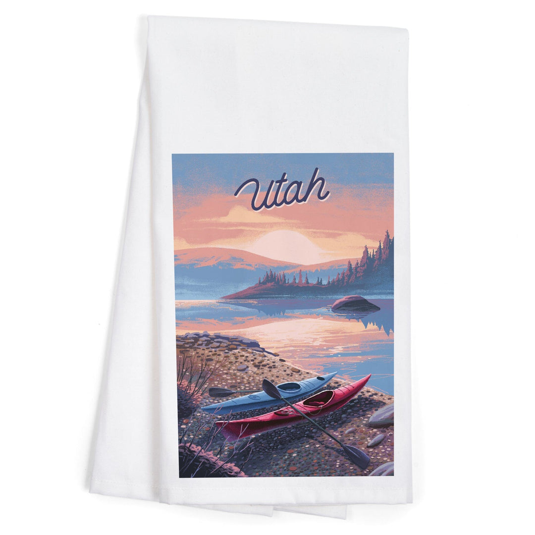 Utah, Glassy Sunrise, Kayak, Organic Cotton Kitchen Tea Towels Kitchen Lantern Press 