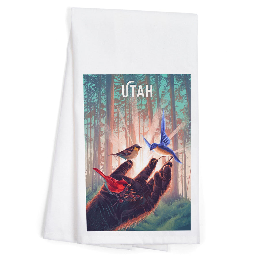 Utah, Kindness is Legendary, Bigfoot With Birds, Organic Cotton Kitchen Tea Towels Kitchen Lantern Press 