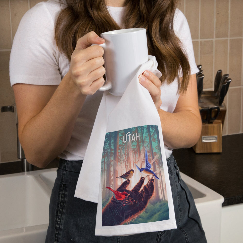 Utah, Kindness is Legendary, Bigfoot With Birds, Organic Cotton Kitchen Tea Towels Kitchen Lantern Press 