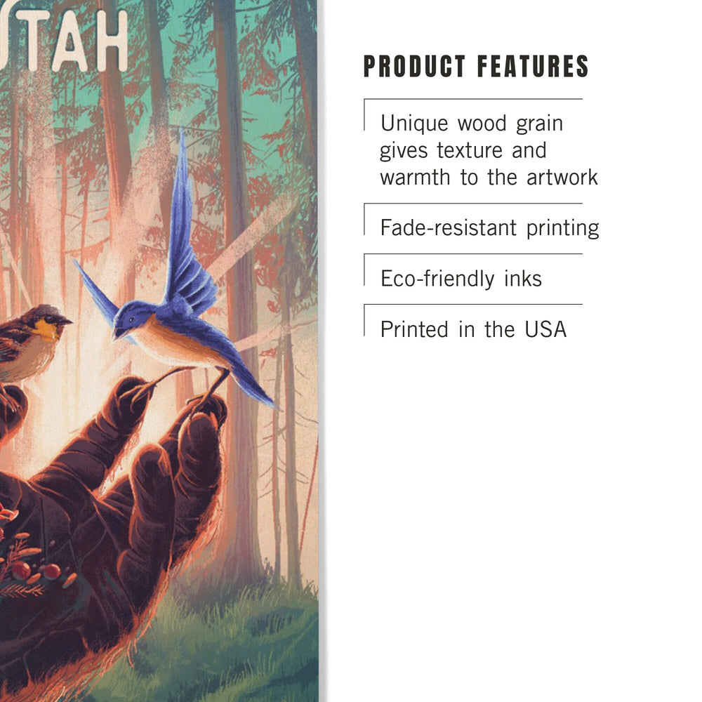 Utah, Kindness is Legendary, Bigfoot With Birds, Wood Signs and Postcards Wood Lantern Press 