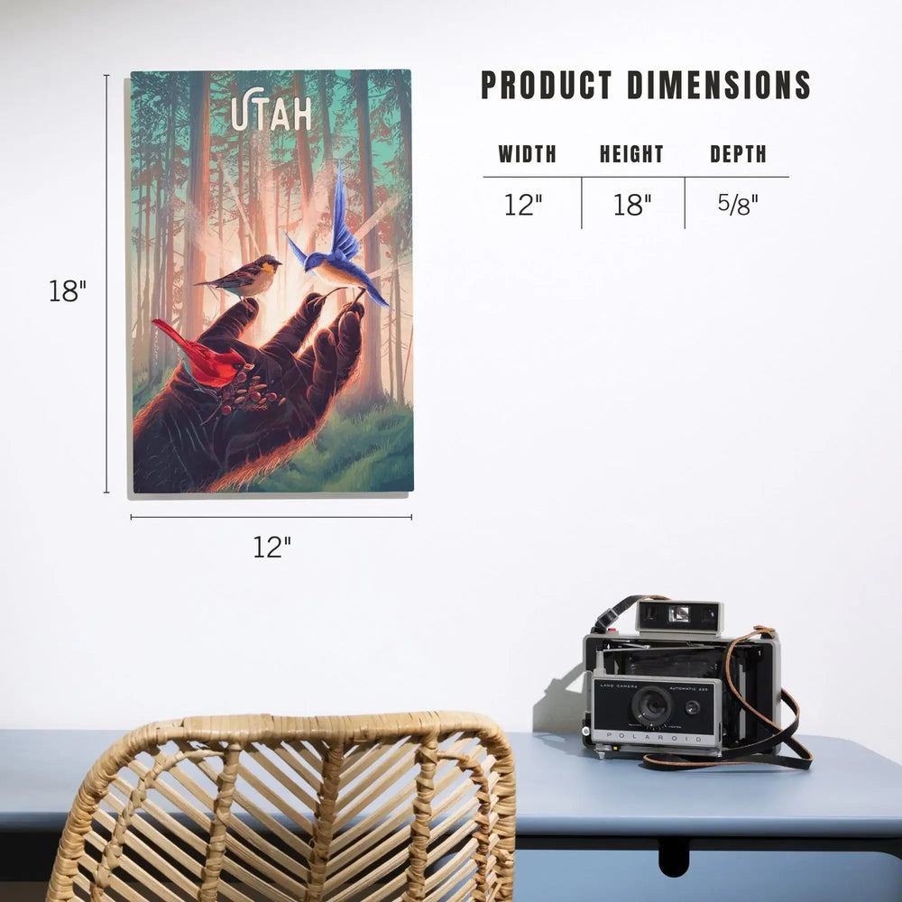 Utah, Kindness is Legendary, Bigfoot With Birds, Wood Signs and Postcards Wood Lantern Press 