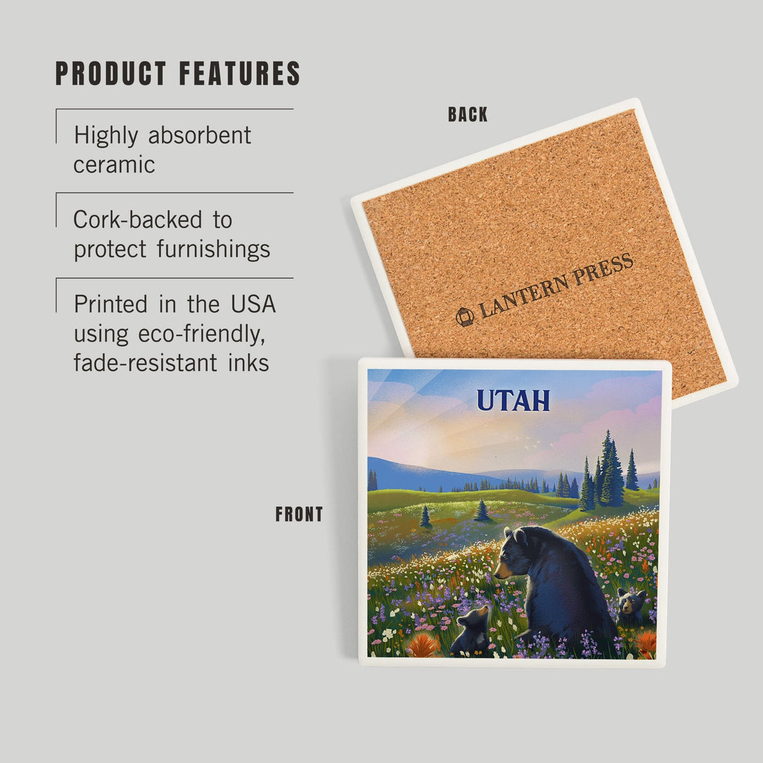 Utah, Lithograph, Bear Family in Field, Coasters Coasters Lantern Press 