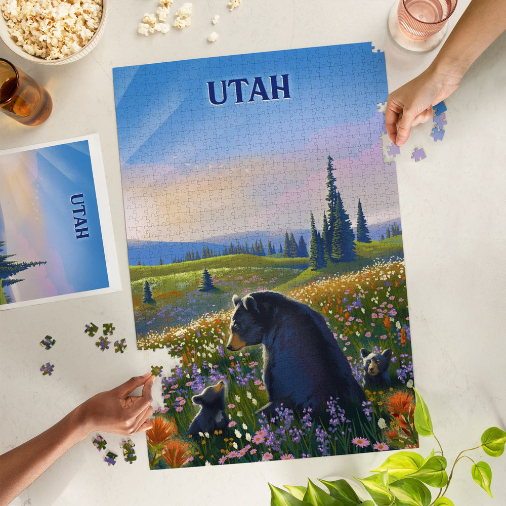 Utah, Lithograph, Bear Family in Field, Jigsaw Puzzle Puzzle Lantern Press 