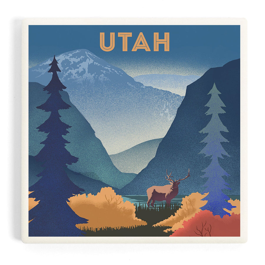 Utah, Lithograph, Elk and Mountains Scene, Coasters Coasters Lantern Press 