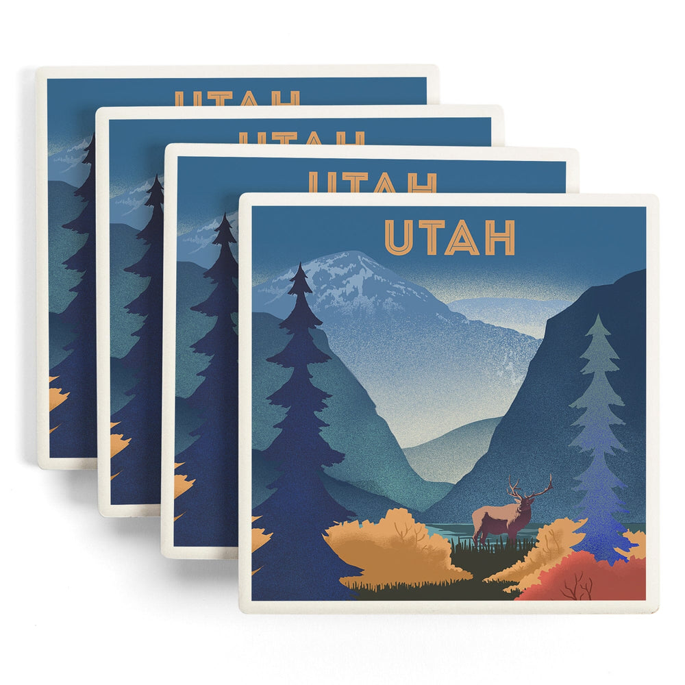 Utah, Lithograph, Elk and Mountains Scene, Coasters Coasters Lantern Press 