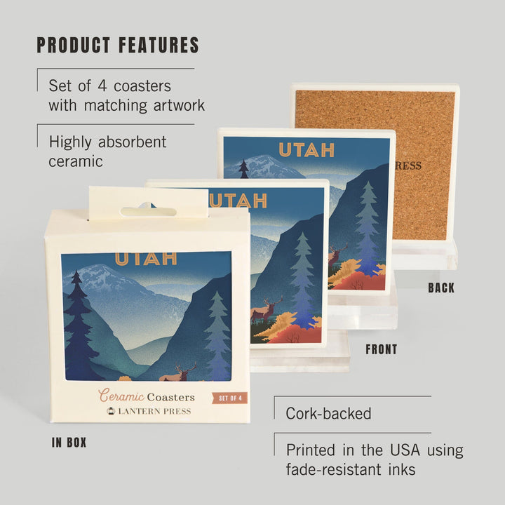 Utah, Lithograph, Elk and Mountains Scene, Coasters Coasters Lantern Press 
