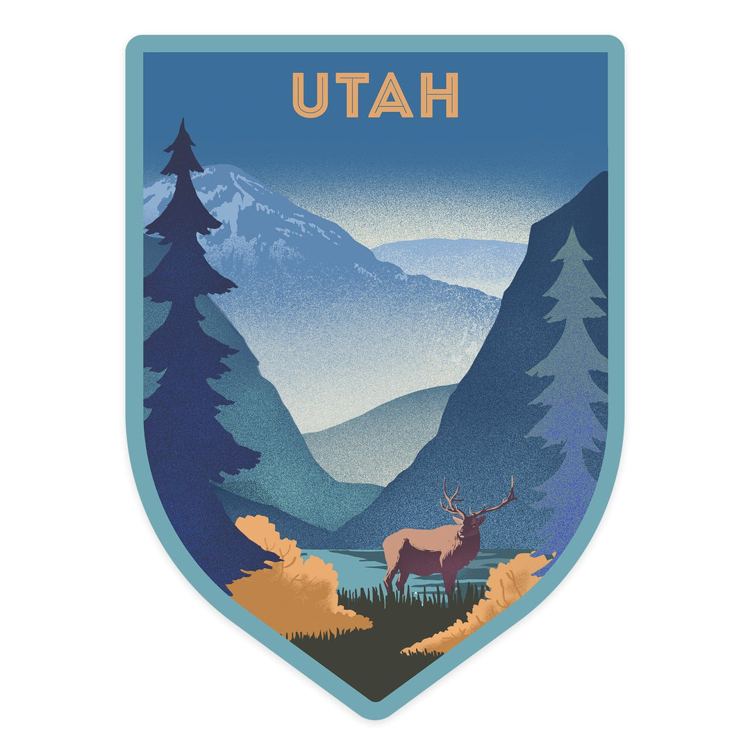 Utah, Lithograph, Elk and Mountains Scene, Contour, Vinyl Sticker Sticker Lantern Press 