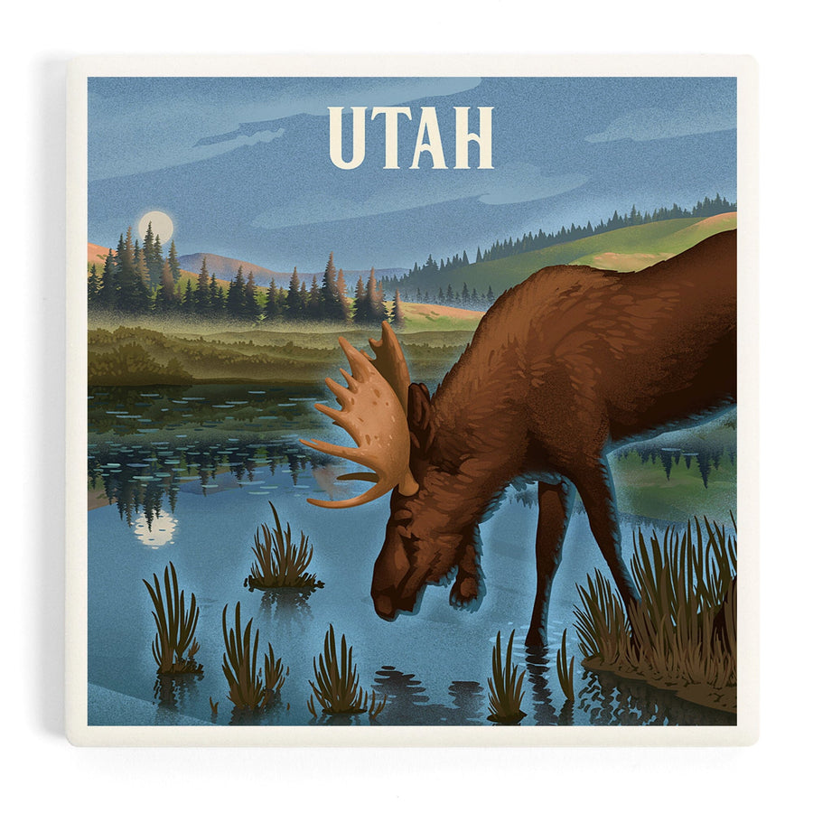 Utah, Lithograph, Reflection Pond and Bull Moose, Coasters Coasters Lantern Press 