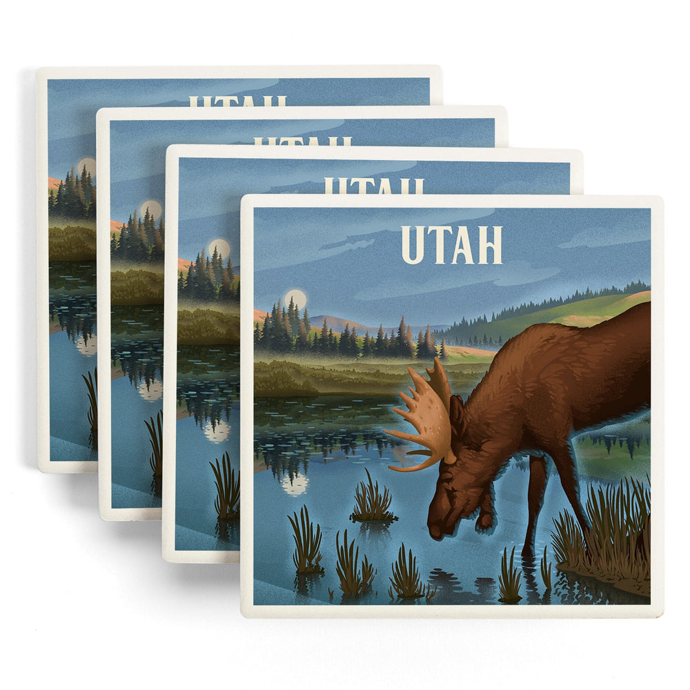 Utah, Lithograph, Reflection Pond and Bull Moose, Coasters Coasters Lantern Press 