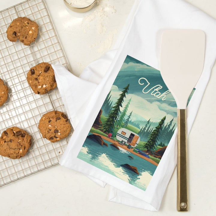 Utah, Outdoor Activity, At Home Anywhere, Camper in Evergreens, Organic Cotton Kitchen Tea Towels Kitchen Lantern Press 