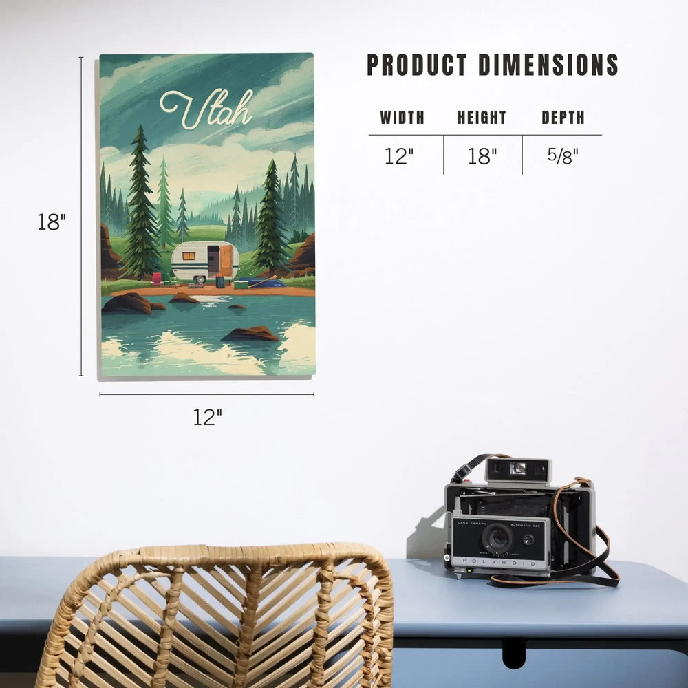 Utah, Outdoor Activity, At Home Anywhere, Camper in Evergreens, Wood Signs and Postcards Wood Lantern Press 