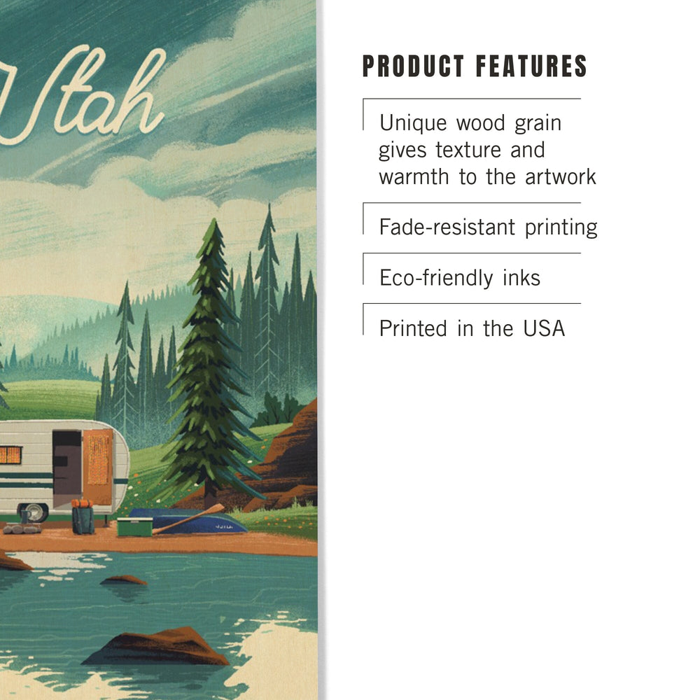 Utah, Outdoor Activity, At Home Anywhere, Camper in Evergreens, Wood Signs and Postcards Wood Lantern Press 